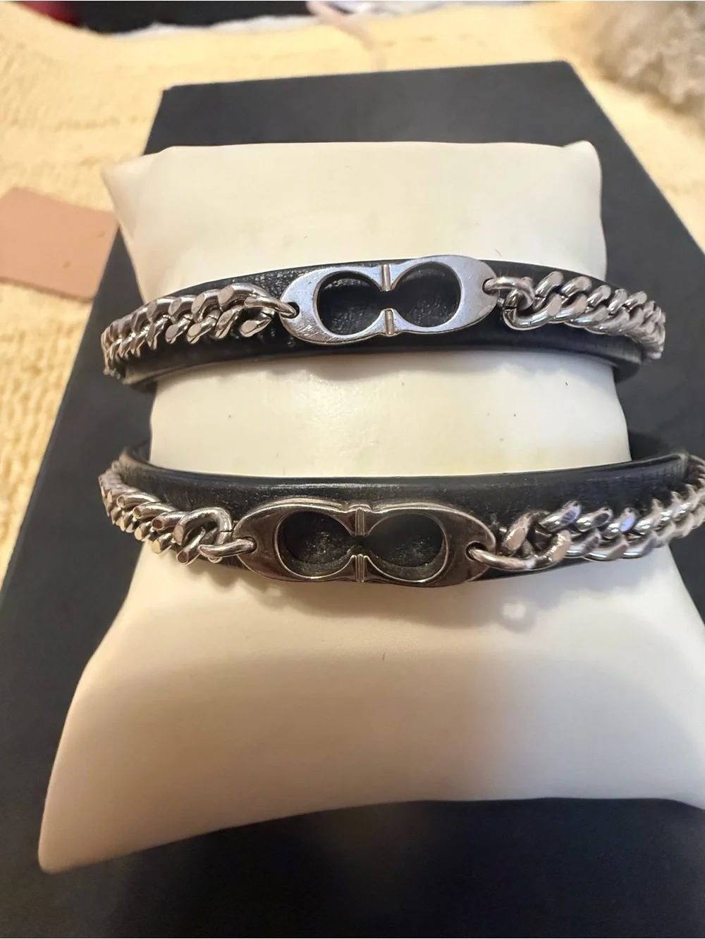 Coach Black Leather Bracelet with Silver Chain Accent